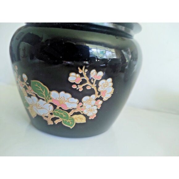 Vintage Avon Black Porcelain Lidded Ginger Jar Floral 6" tall - Picture 2 of 10